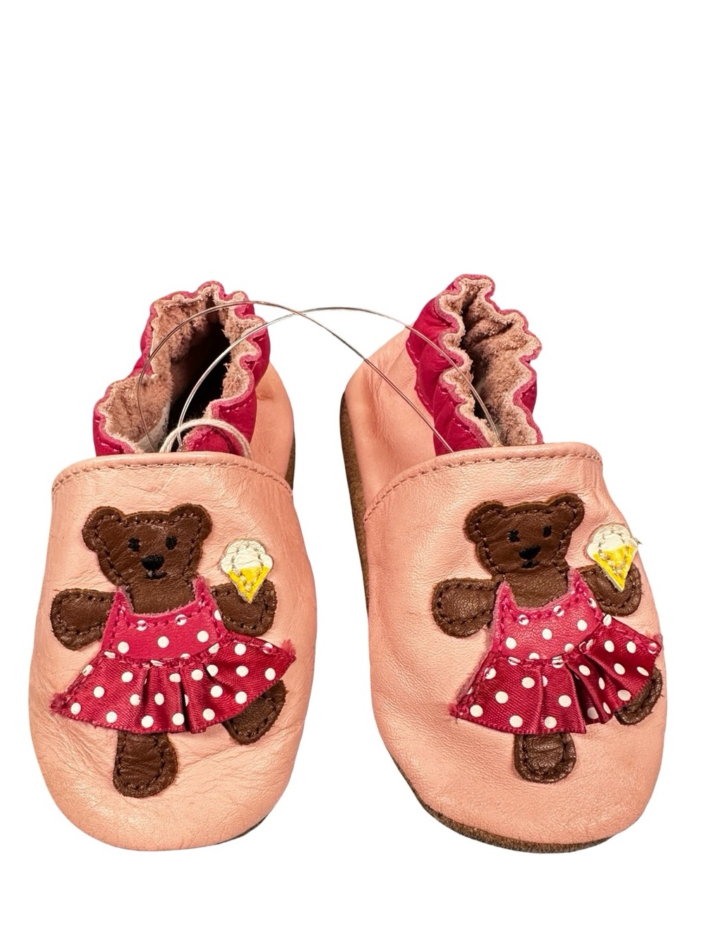 ROBEEZ Pink Girl Moc Shoes Size 0-6 Months Leather Bear With Ice Cream Polka Dot